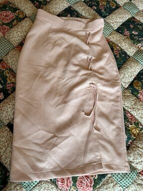 B—Blush Pink Pencil Midi Skirt with Side Tie Detail